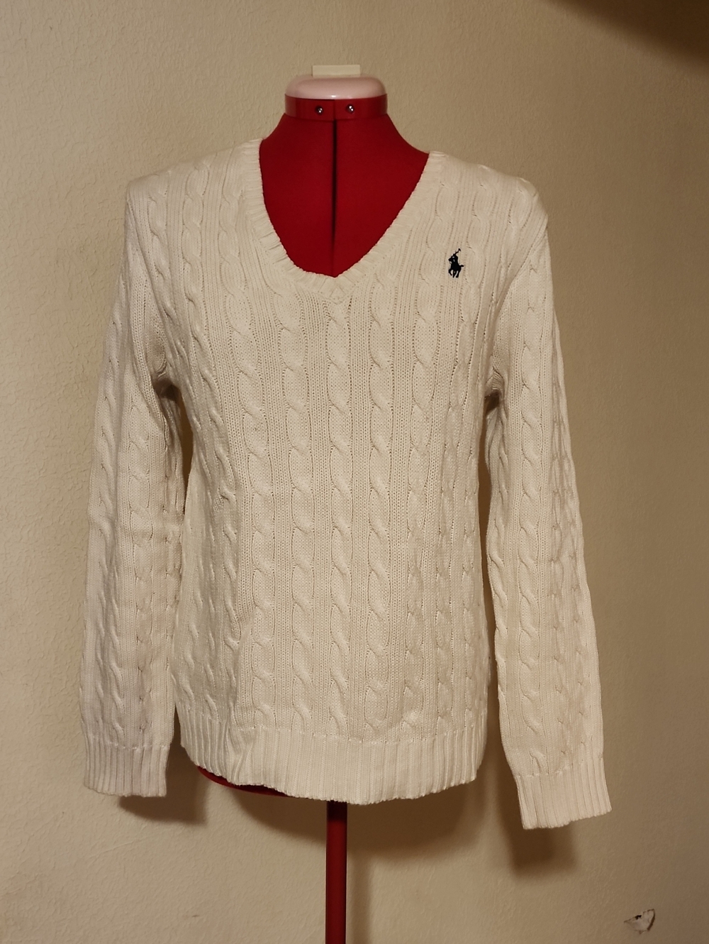 Polo Ralph Lauren Cream Cable-Knit V-Neck Cotton Sweater - Size XL